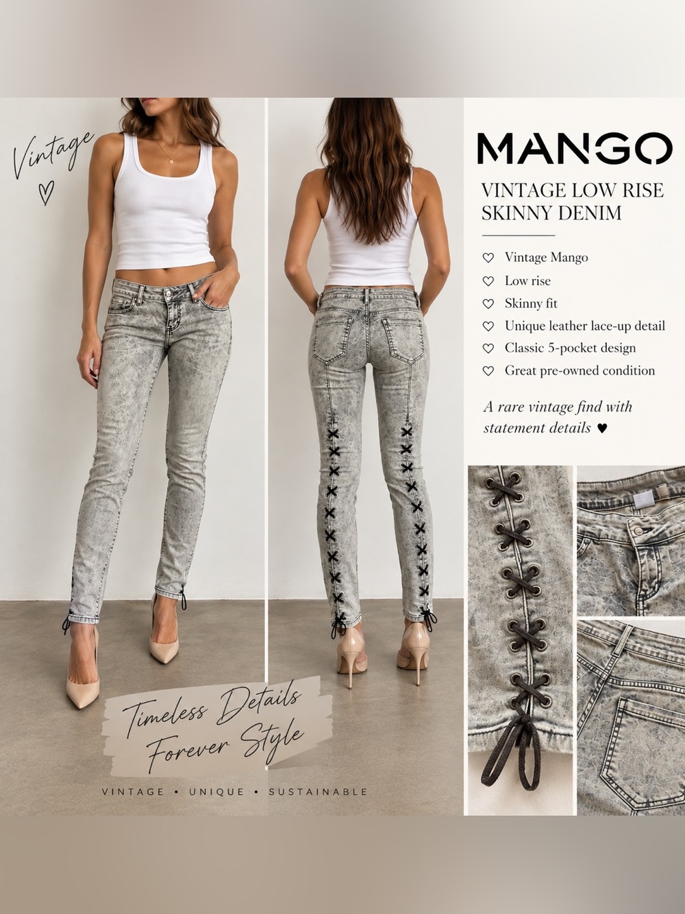 Mango Gray Acid-Wash Skinny Jeans with Black Lace-Up Side Detail